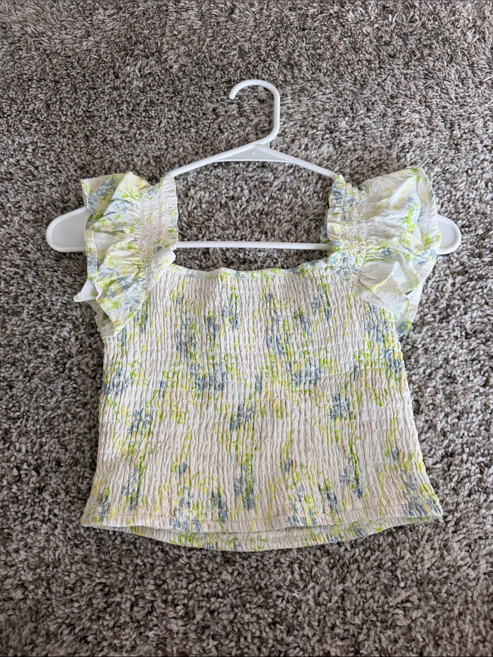 Forever 21 White Smocked Crop Top with Yellow and Blue Floral Print